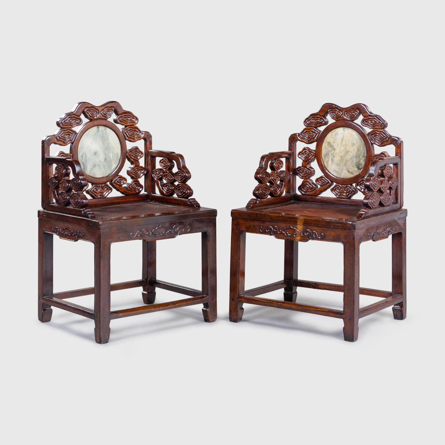 A Pair of Marble Inset Hardwood Armchairs and A Hardwood Side Table