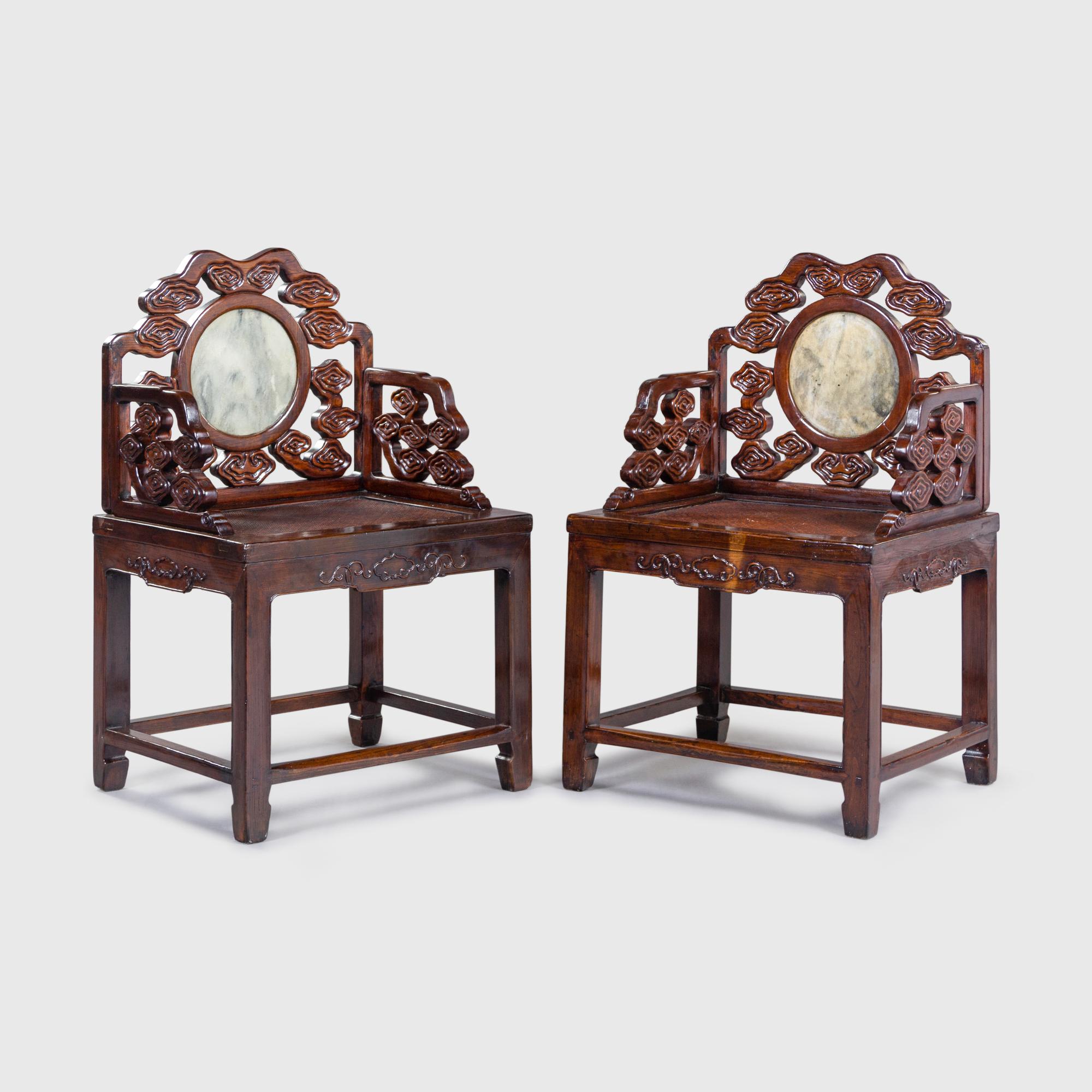 A Pair of Marble Inset Hardwood Armchairs and A Hardwood Side Table