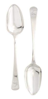 A Pair of George III Silver Tablespoons, possibly Jas. Stamp, London, 1778, the handle with an engraved crest of an arm embowed with ar