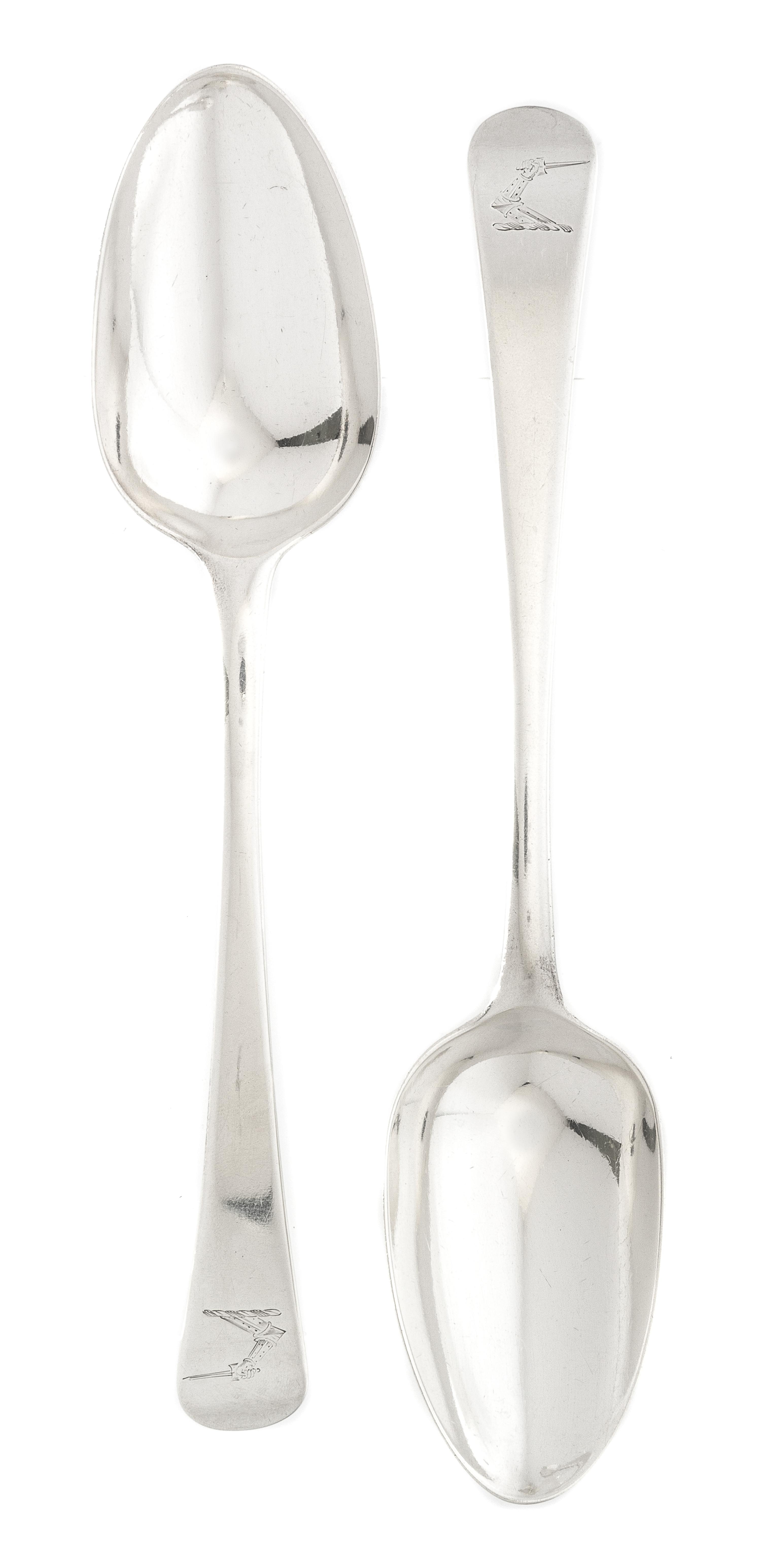 A Pair of George III Silver Tablespoons, possibly Jas. Stamp, London, 1778, the handle with an engraved crest of an arm embowed with ar