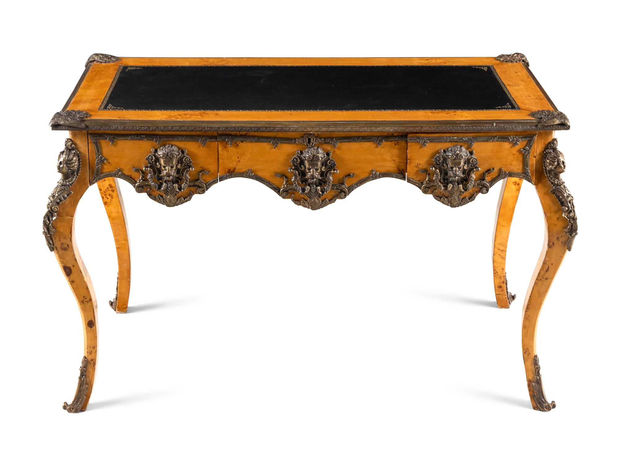A Louis XV Style Gilt Metal Mounted Burlwood Bureau Plat
