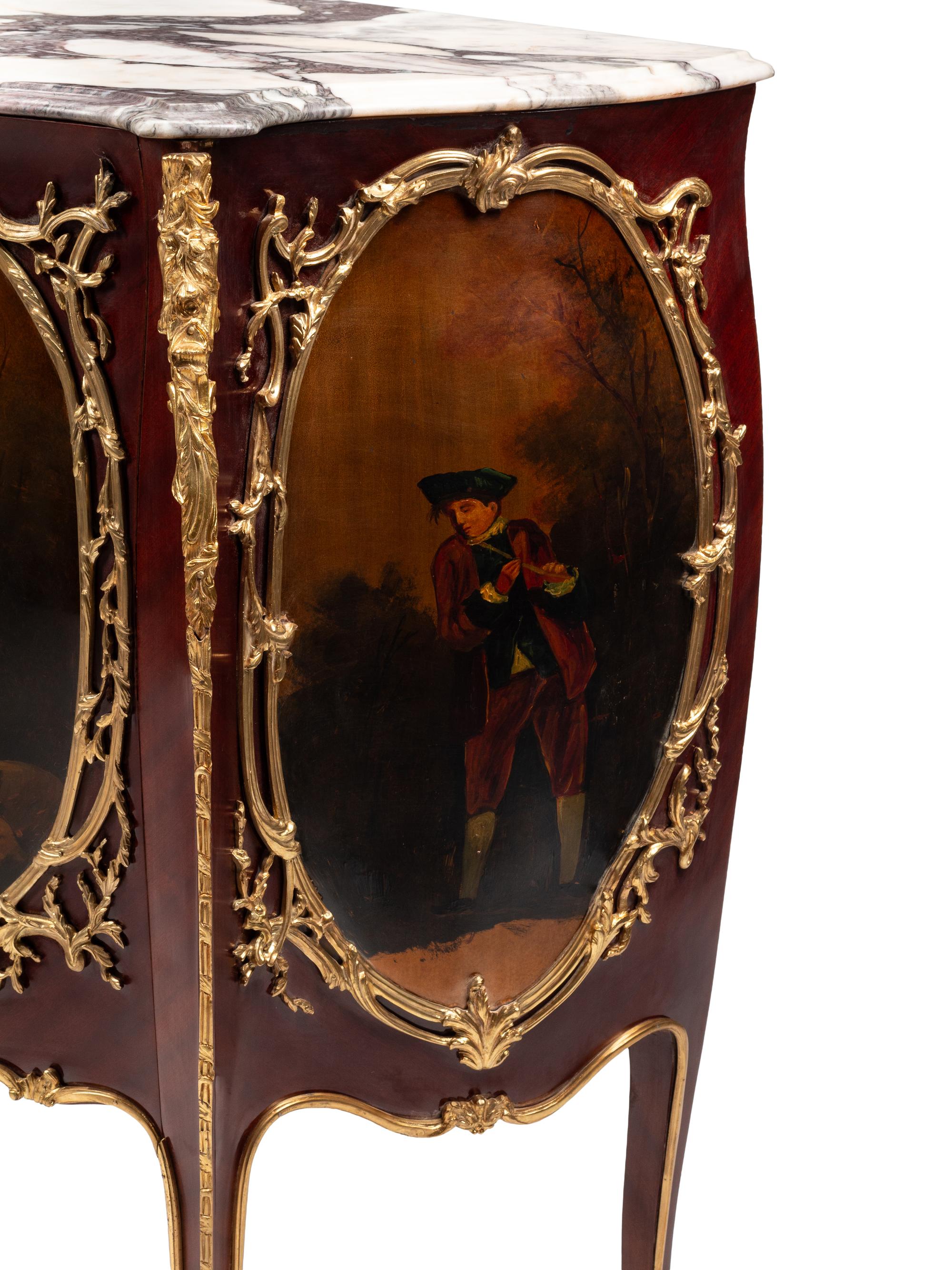 A Pair of Louis XV Style Gilt Bronze Mounted Marble-Top Cabinets