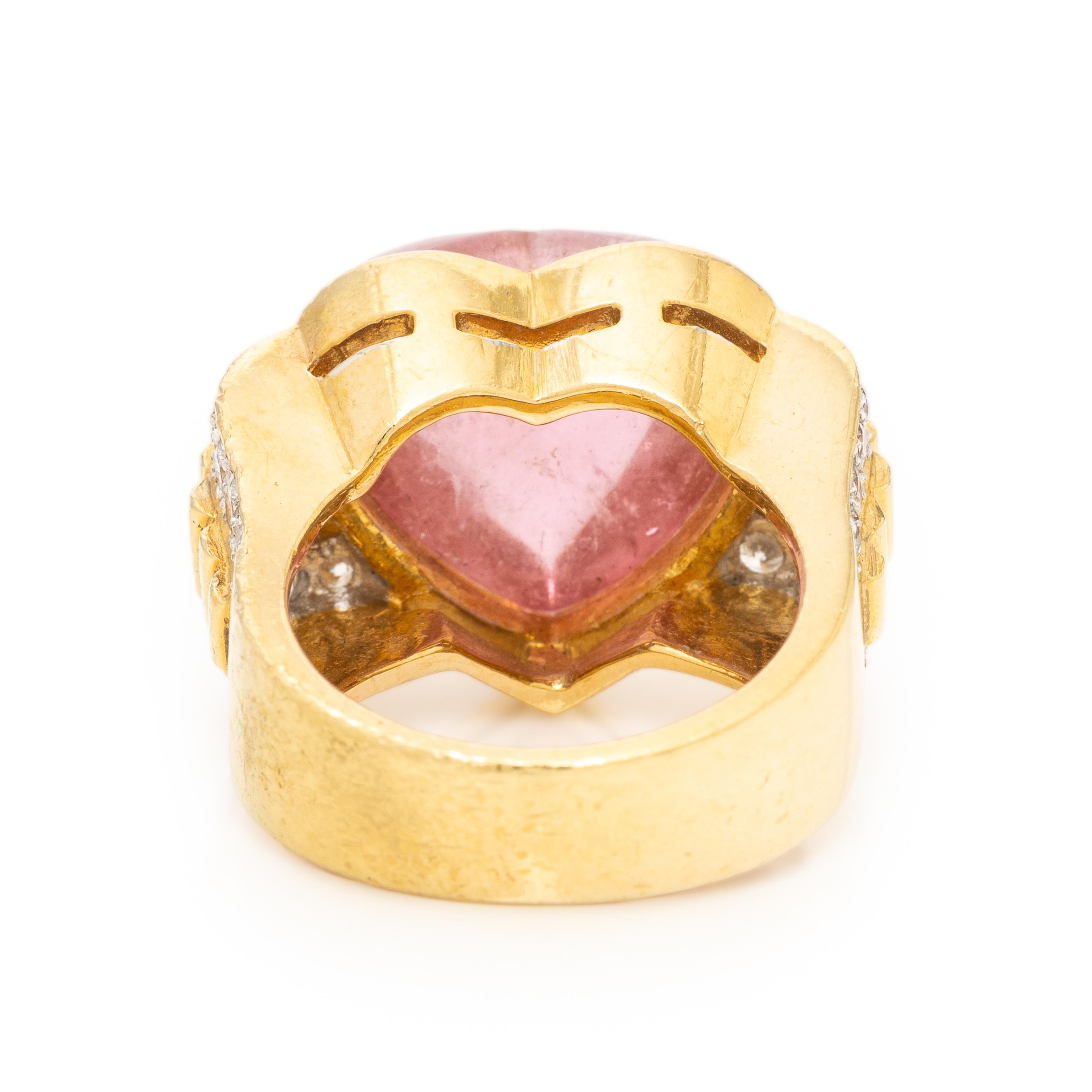 Pink Tourmaline, Diamond, and Yellow Gold Heart Ring