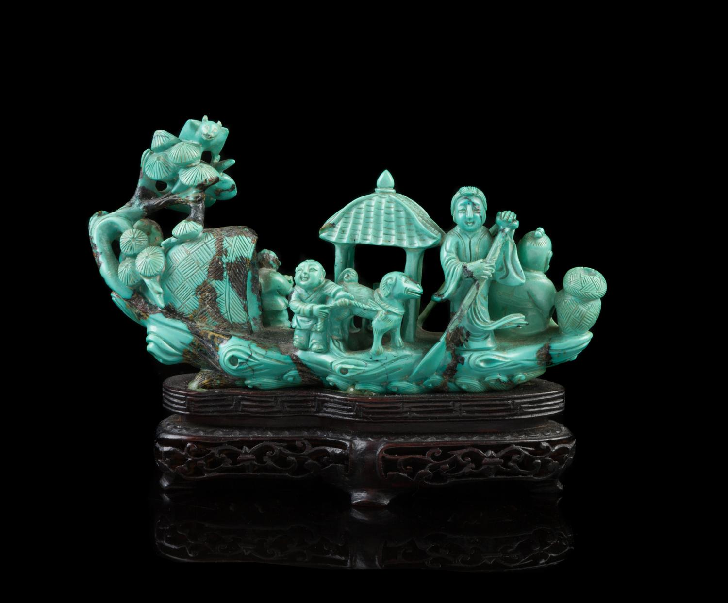 A Chinese Carved Turquoise Figural Group 19TH/20TH CENTURY Length 5 1/2 inches. — 19TH/20TH CENTURY