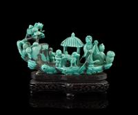 A Chinese Carved Turquoise Figural Group 19TH/20TH CENTURY Length 5 1/2 inches. — 19TH/20TH CENTURY