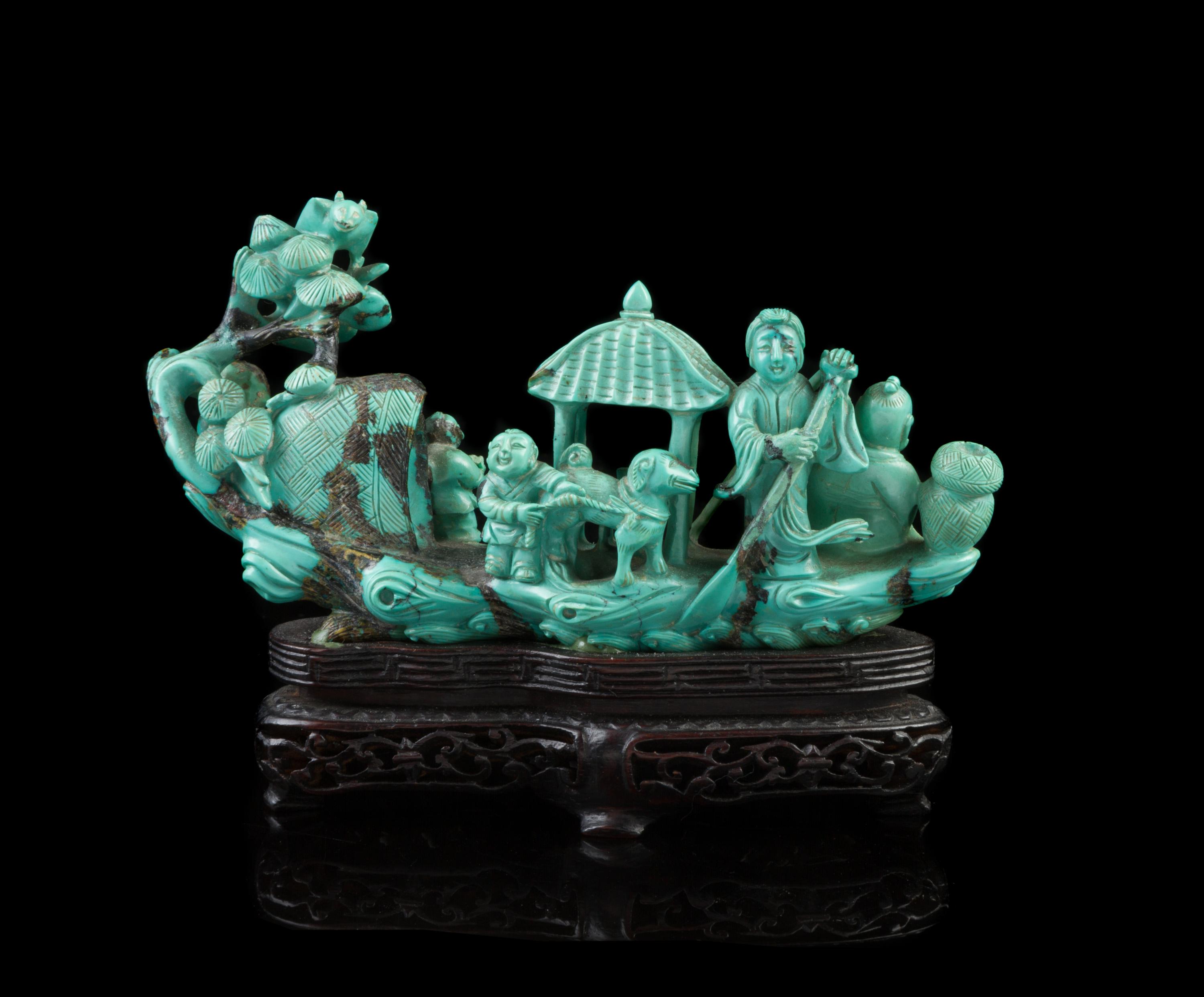A Chinese Carved Turquoise Figural Group 19TH/20TH CENTURY Length 5 1/2 inches. — 19TH/20TH CENTURY
