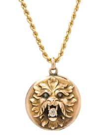 An Art Nouveau Diamond and Lion Head Locket Pendant with Chain, 21.60 dwts.