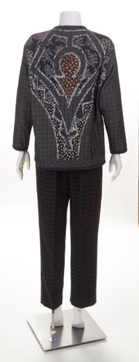 A Koos Black Quilted Reversible Jacket and Pant Suit, Jacket size small.