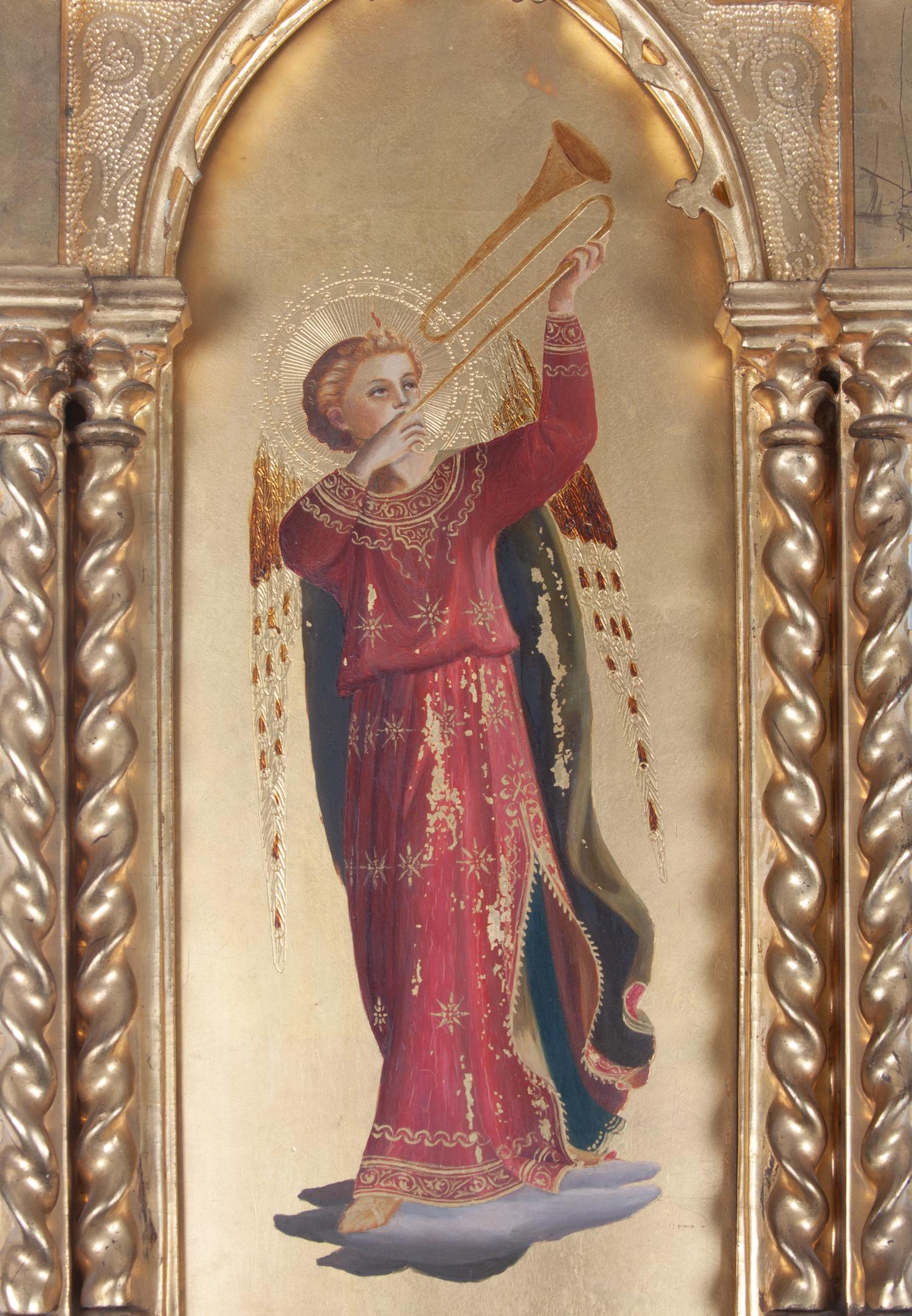 A Pair of Italian Giltwood Paintings of Angel Musicians, After Fra Angelico