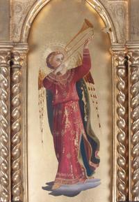A Pair of Italian Giltwood Paintings of Angel Musicians, After Fra Angelico