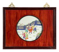 A Set of Four Chinese Famille Rose Porcelain Inset Hardwood Wall Panels