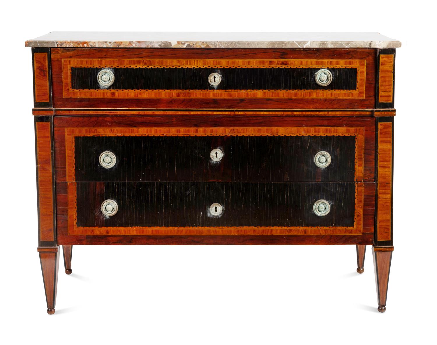 A North Italian Neoclassical Palisander, Ebony and Marquetry Marble-Top Bureau Commode