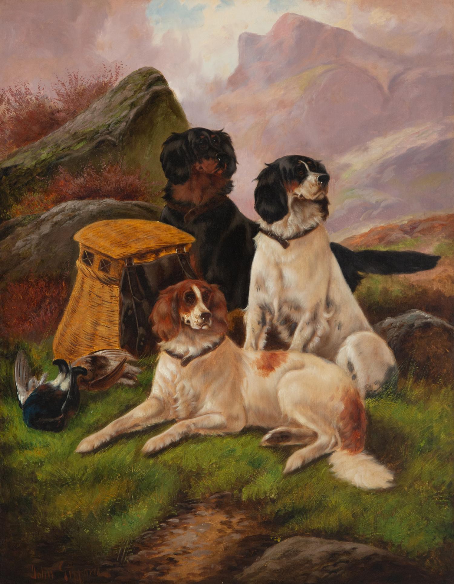 Three Hunting Dogs in Mountain Landscape