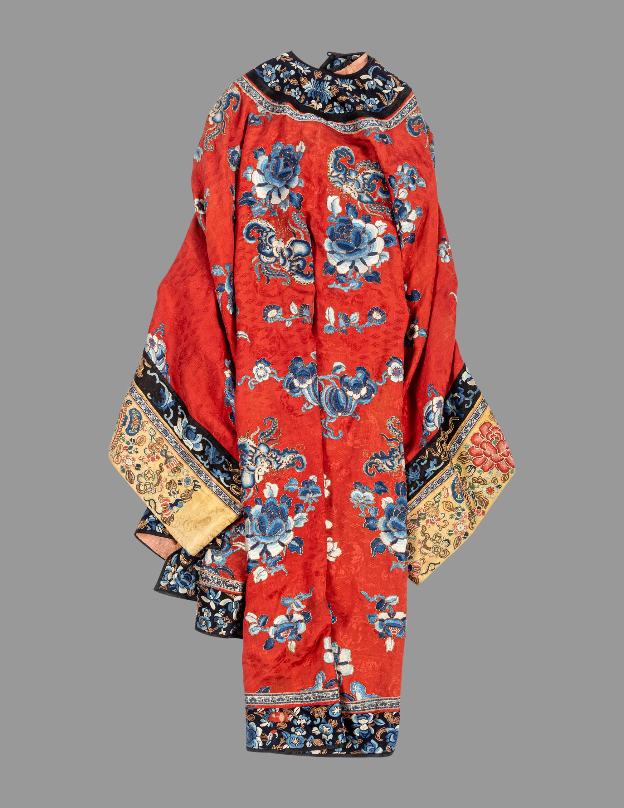A Chinese Red Ground Embroidered Silk Lady's Robe