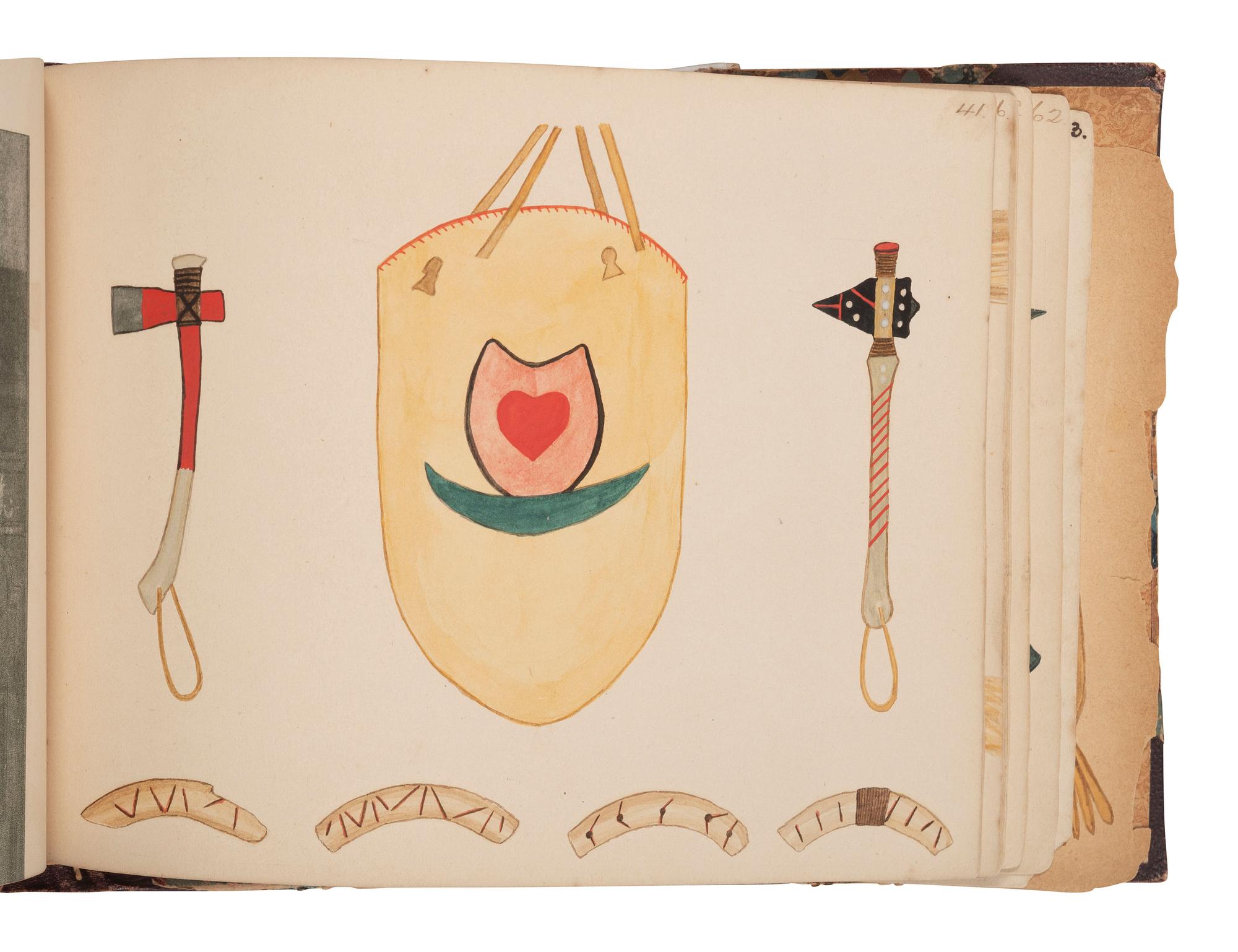 [NATIVE AMERICAN] -- [GOLD RUSH]. An album of watercolor drawings by prospector George V. Storkey (ca 1867-1942) depicting British Columbian Indigenous objects, likely related to the Nlaka’pamux, ca late 1890s-early 1900s.