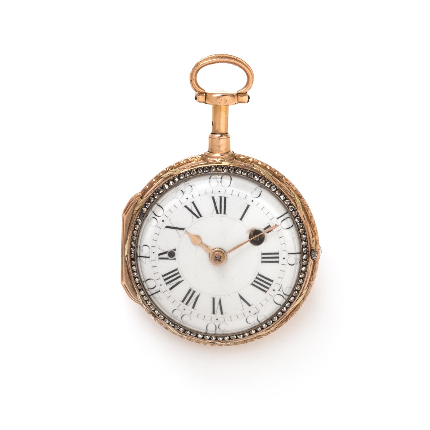 TRICOLOR GILT-METAL AND DIAMOND DUMB REPEATER OPEN FACE POCKET WATCH