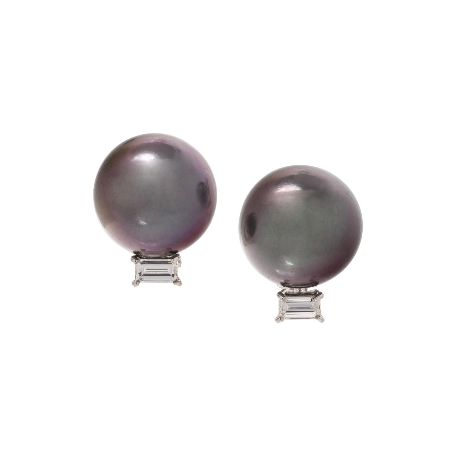 CULTURED TAHITIAN PEARL AND DIAMOND EARCLIPS
