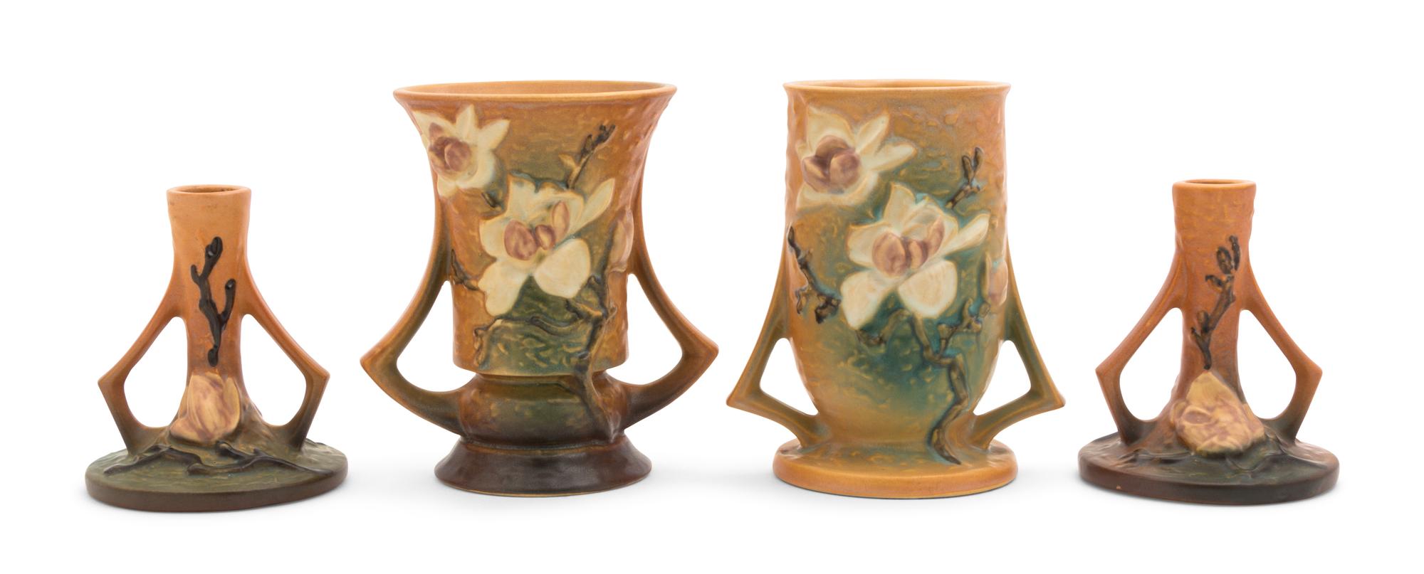 Four Roseville Magnolia Pottery Articles Height of tallest 6 1/4 inches.