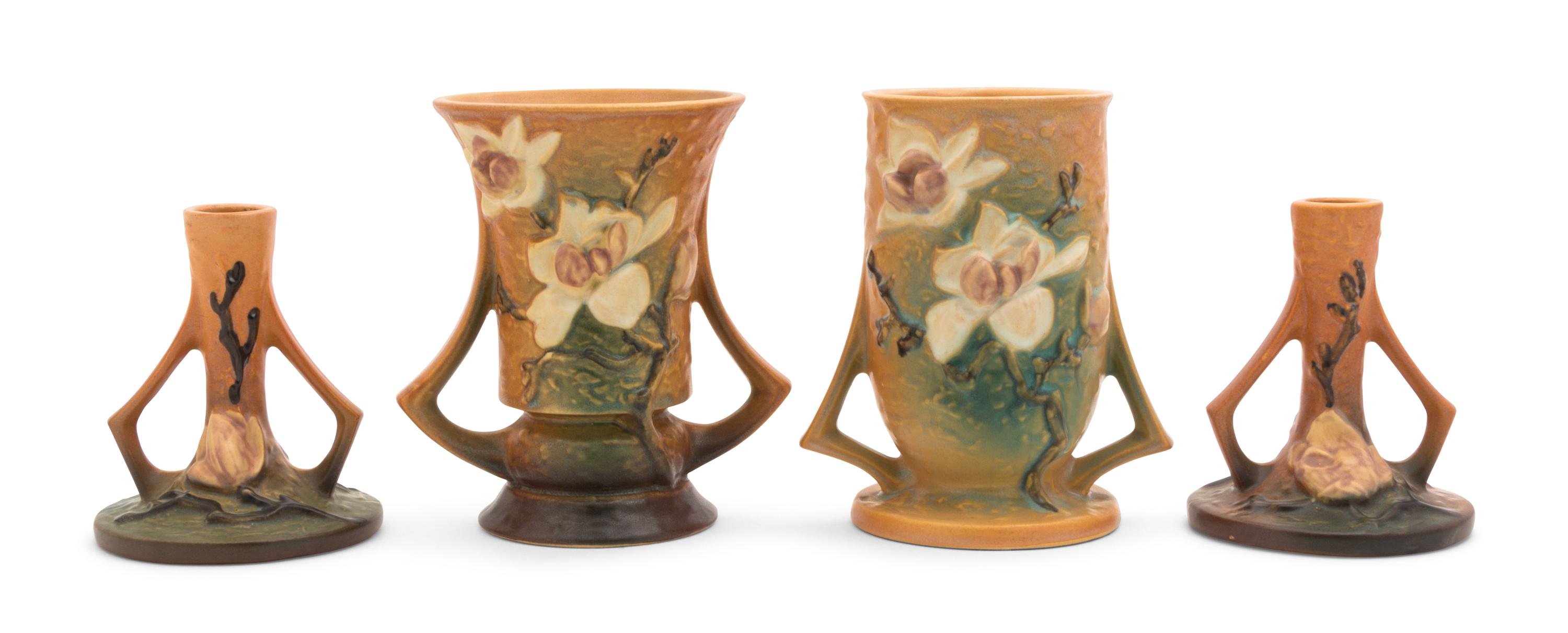 Four Roseville Magnolia Pottery Articles Height of tallest 6 1/4 inches.