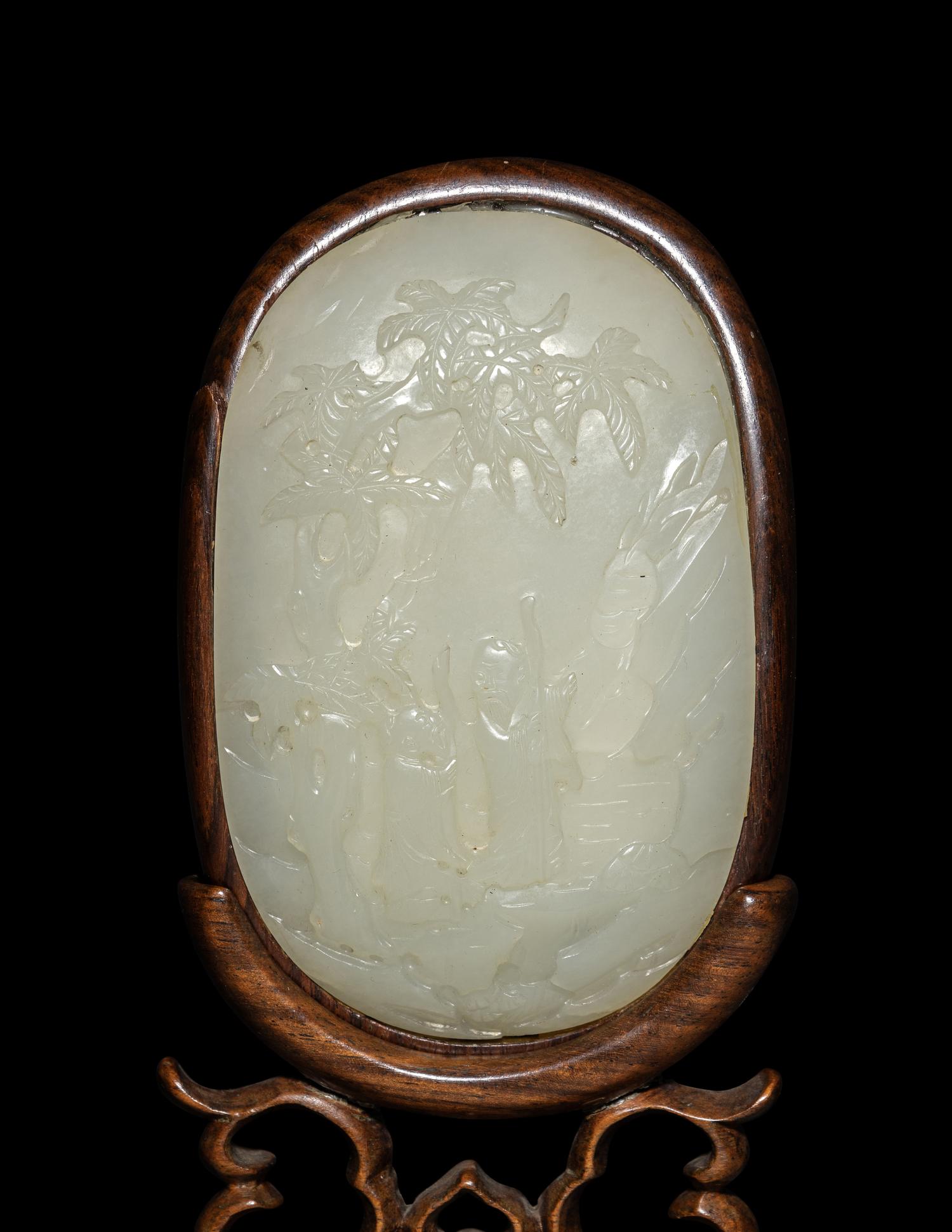 A Chinese White Jade Inset Hardwood Table Screen