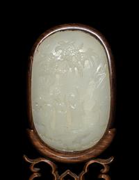 A Chinese White Jade Inset Hardwood Table Screen