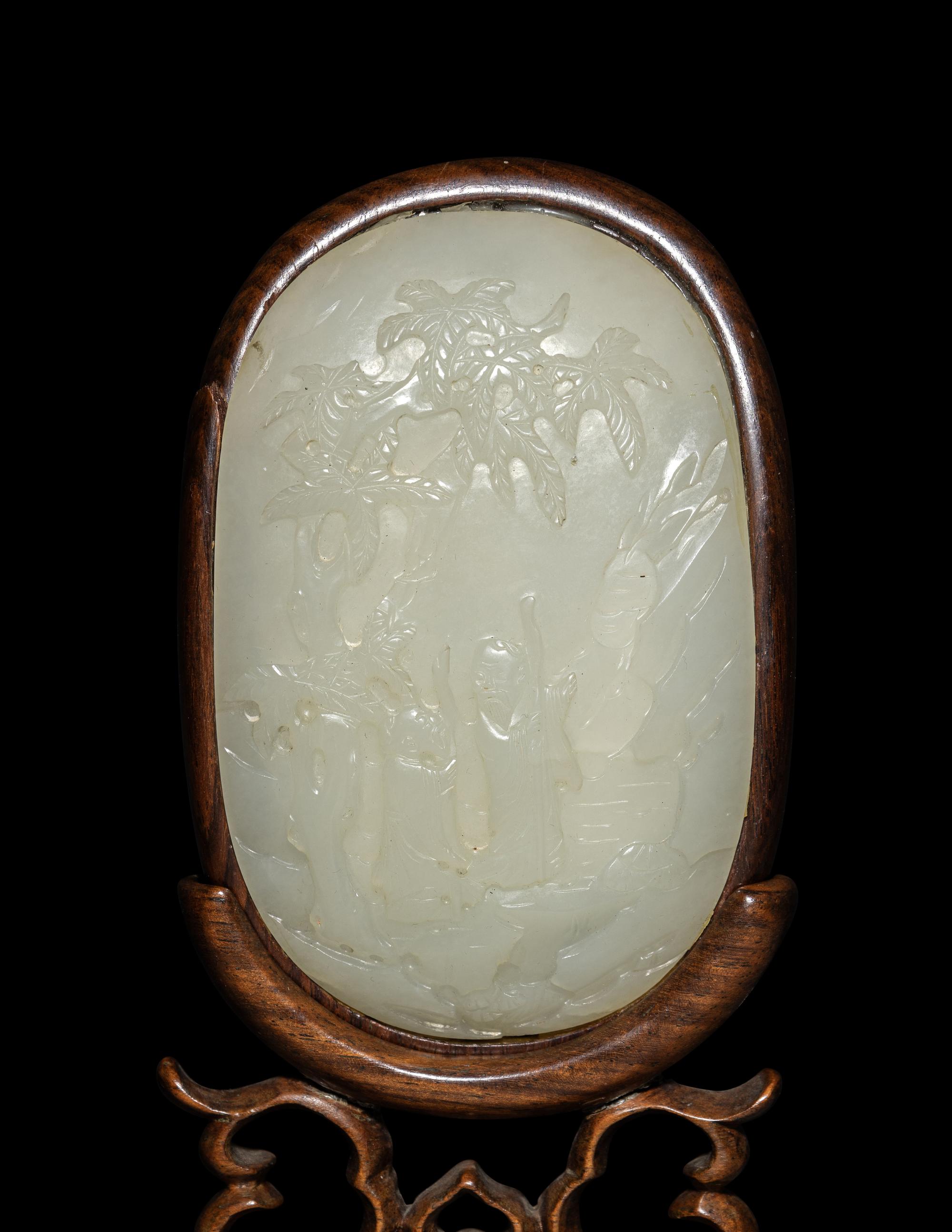 A Chinese White Jade Inset Hardwood Table Screen