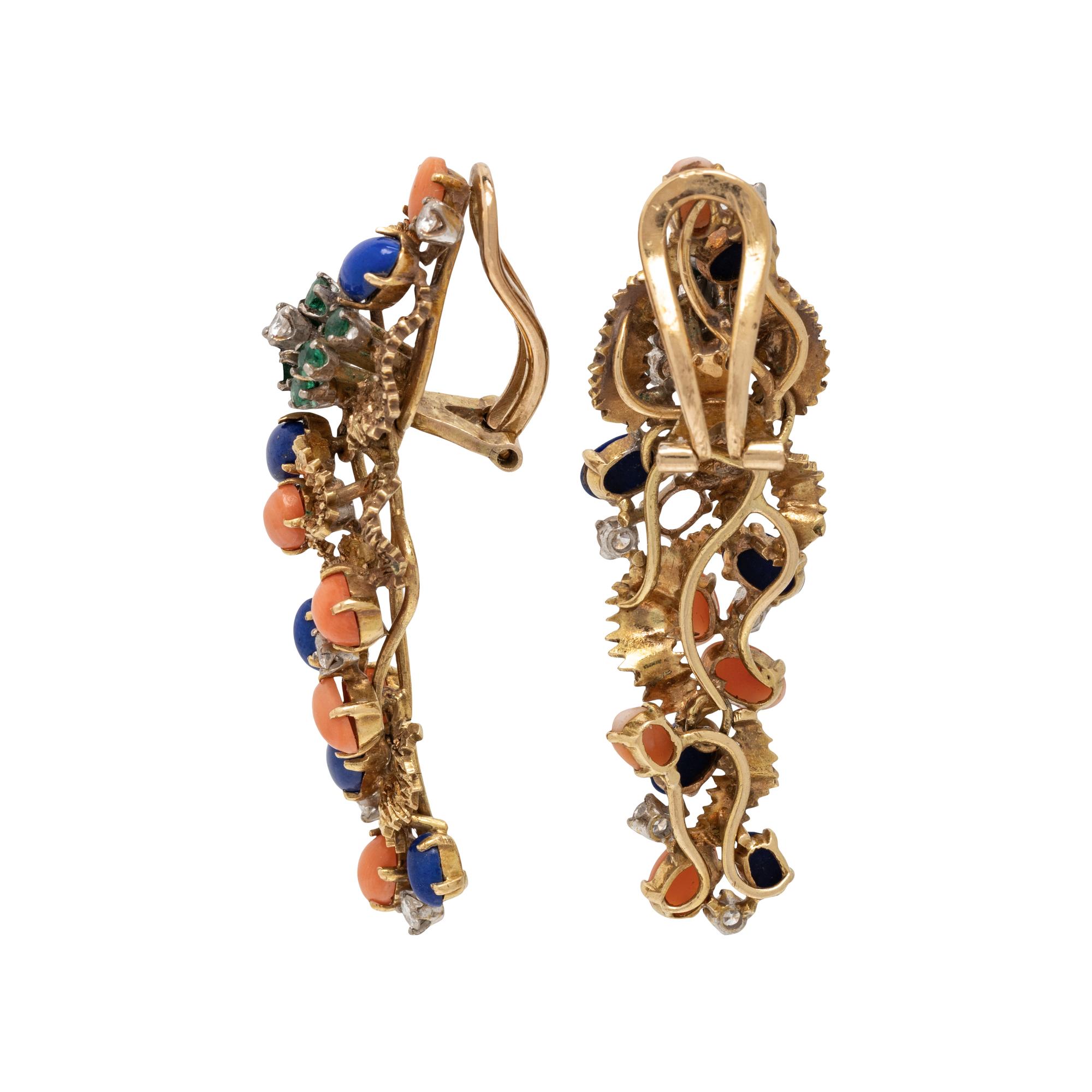 CORAL, LAPIS LAZULI, EMERALD, AND DIAMOND EARRINGS