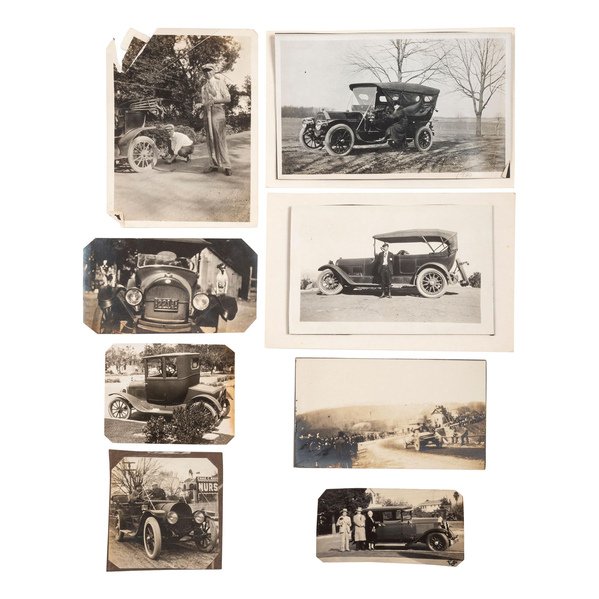[EARLY PHOTOGRAPHY] --[AUTOMOBILES]. A group of photographs of early automobiles, mechanics and auto shops, including racing action shots, comprising: