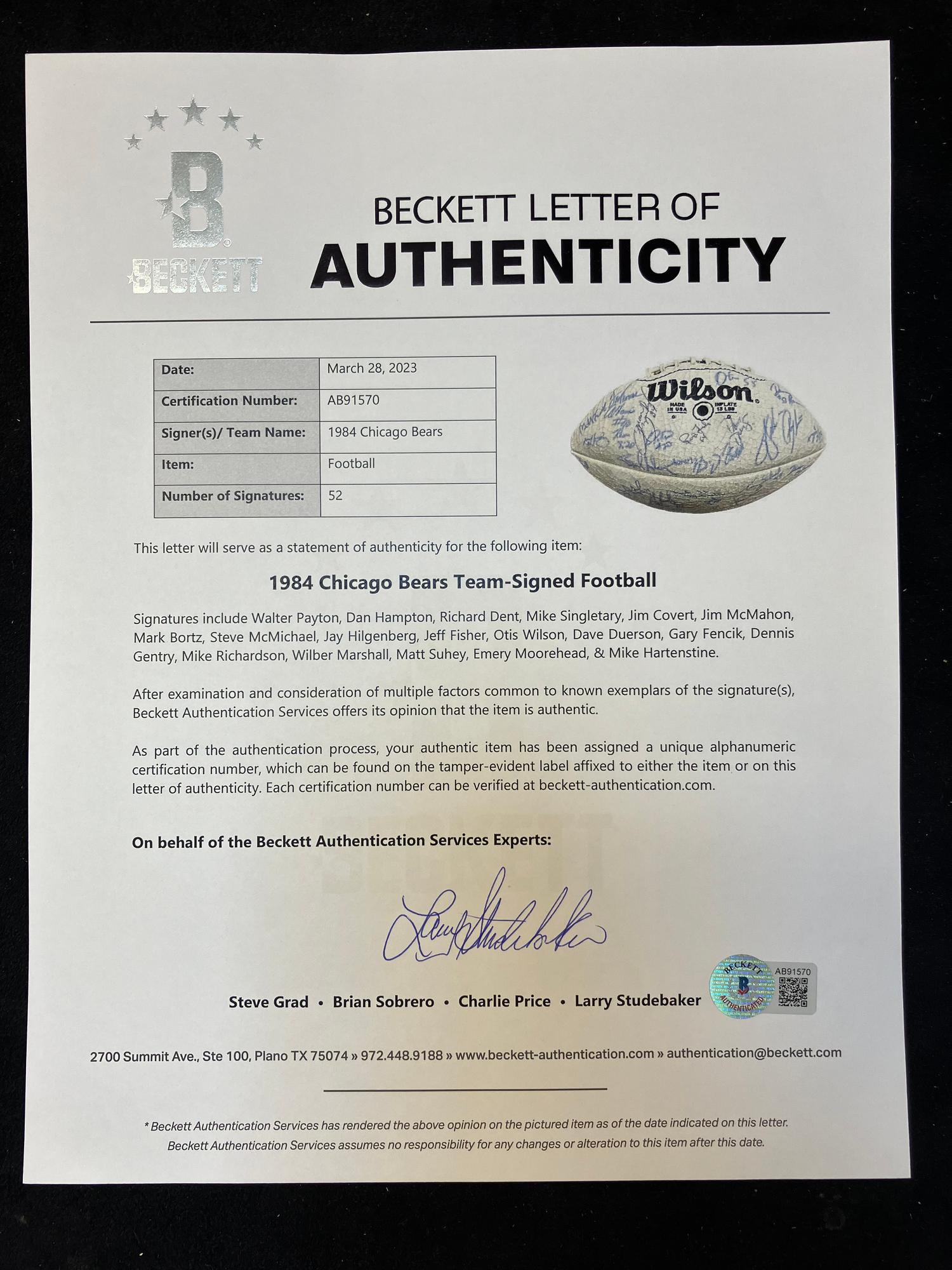 A 1984 Chicago Bears Team Signed Autograph Football from The Collection of Sports Super Agent Steve Zucker (Beckett Authentication Services Letter),