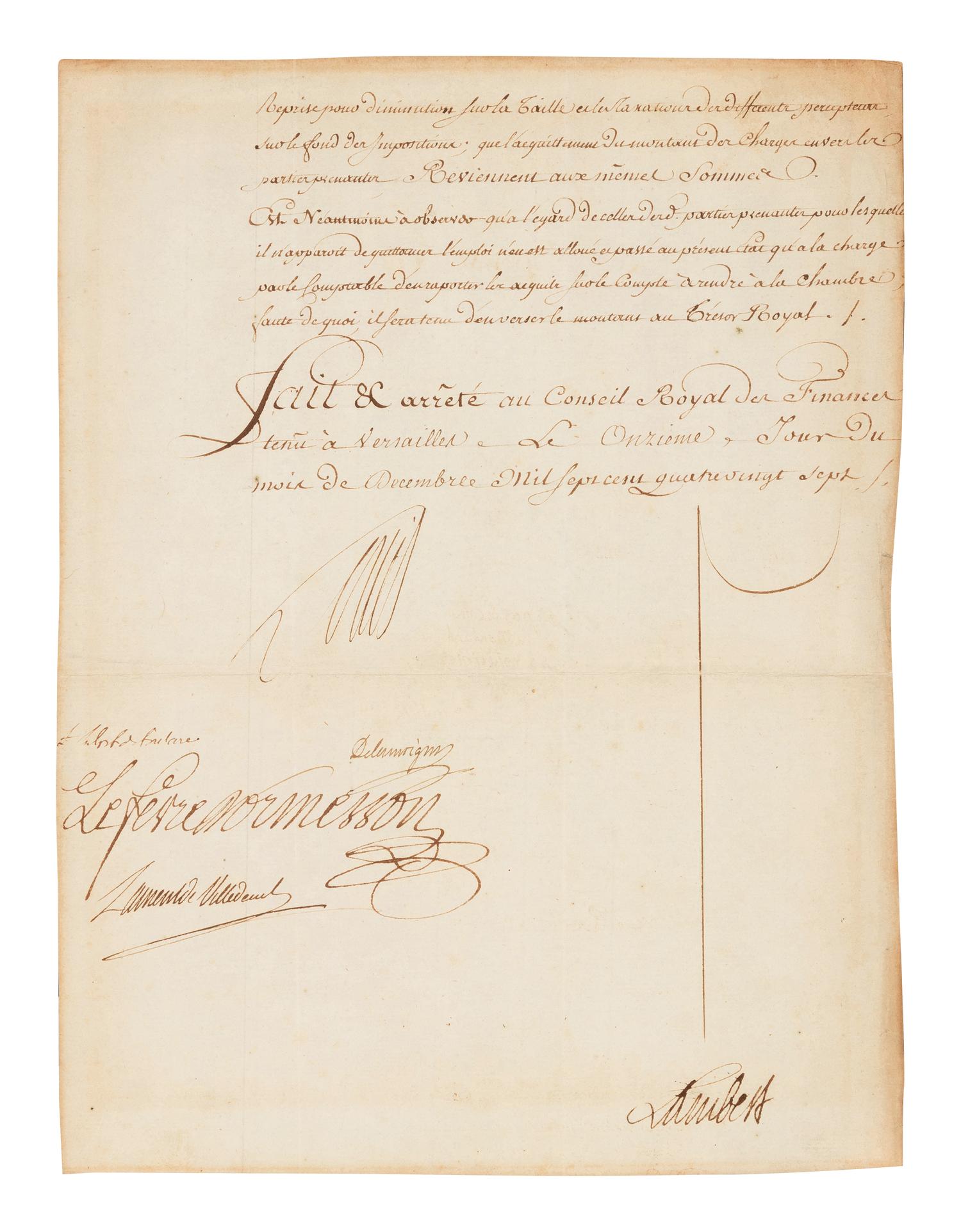 LOUIS XVI, King of France (1754-1793). Partial document signed ("Louis"), December 11, 1787. Countersigned by several ministers.