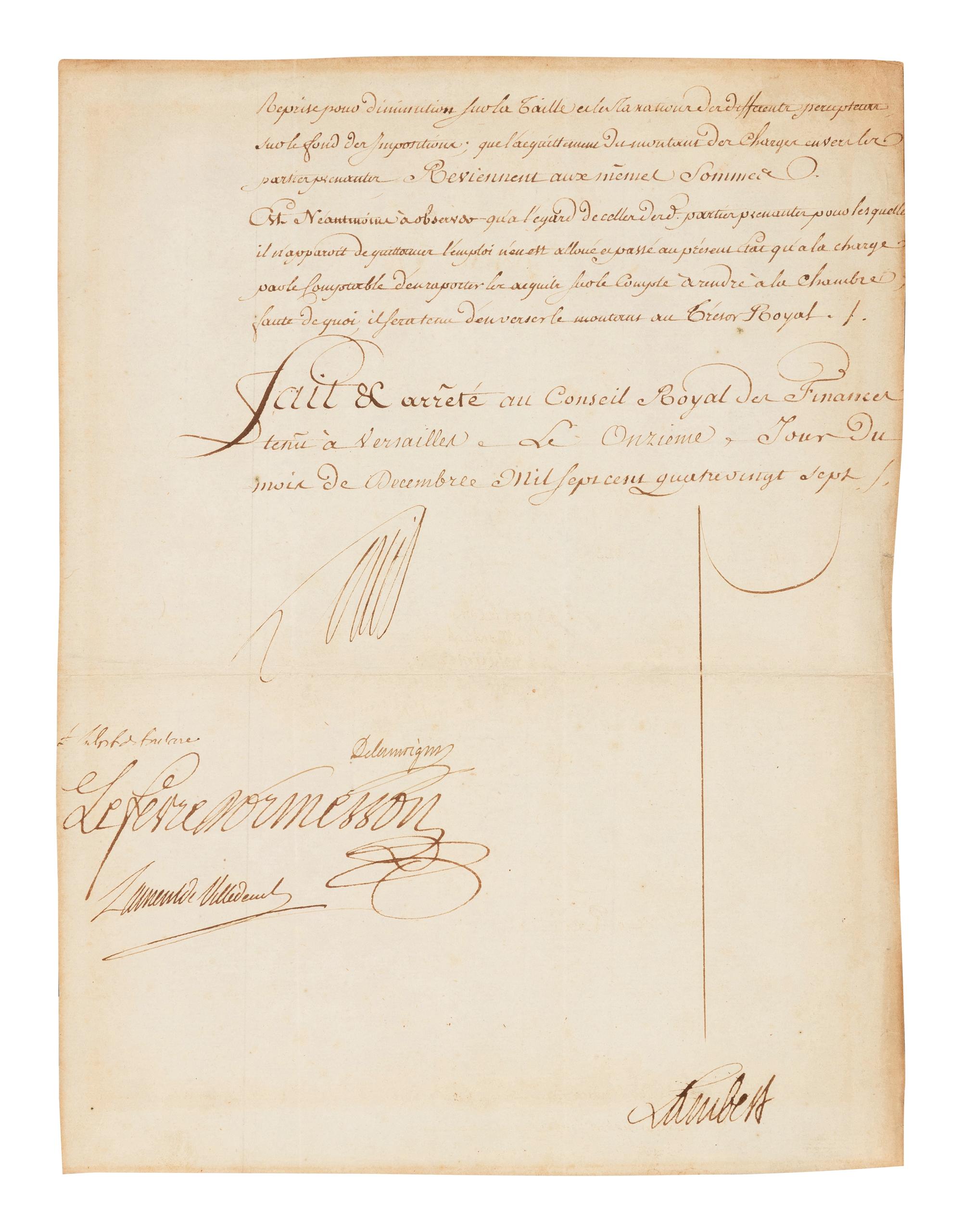 LOUIS XVI, King of France (1754-1793). Partial document signed ("Louis"), December 11, 1787. Countersigned by several ministers.