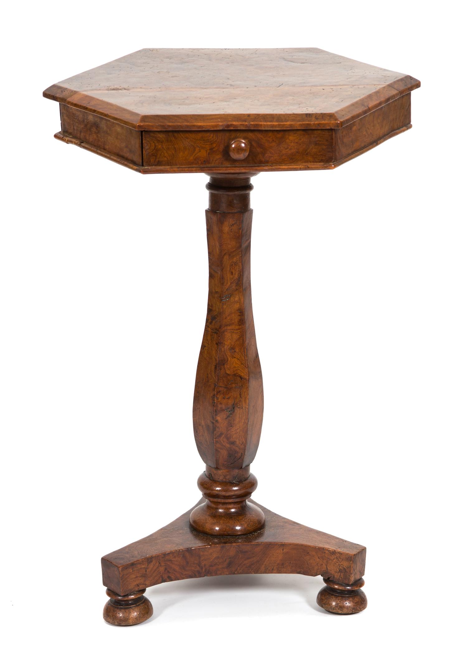 A William IV Burl Walnut Octagonal Top Lamp Table Height 27 1/2 x diameter 19 1/2 inches. — 19TH CENTURY