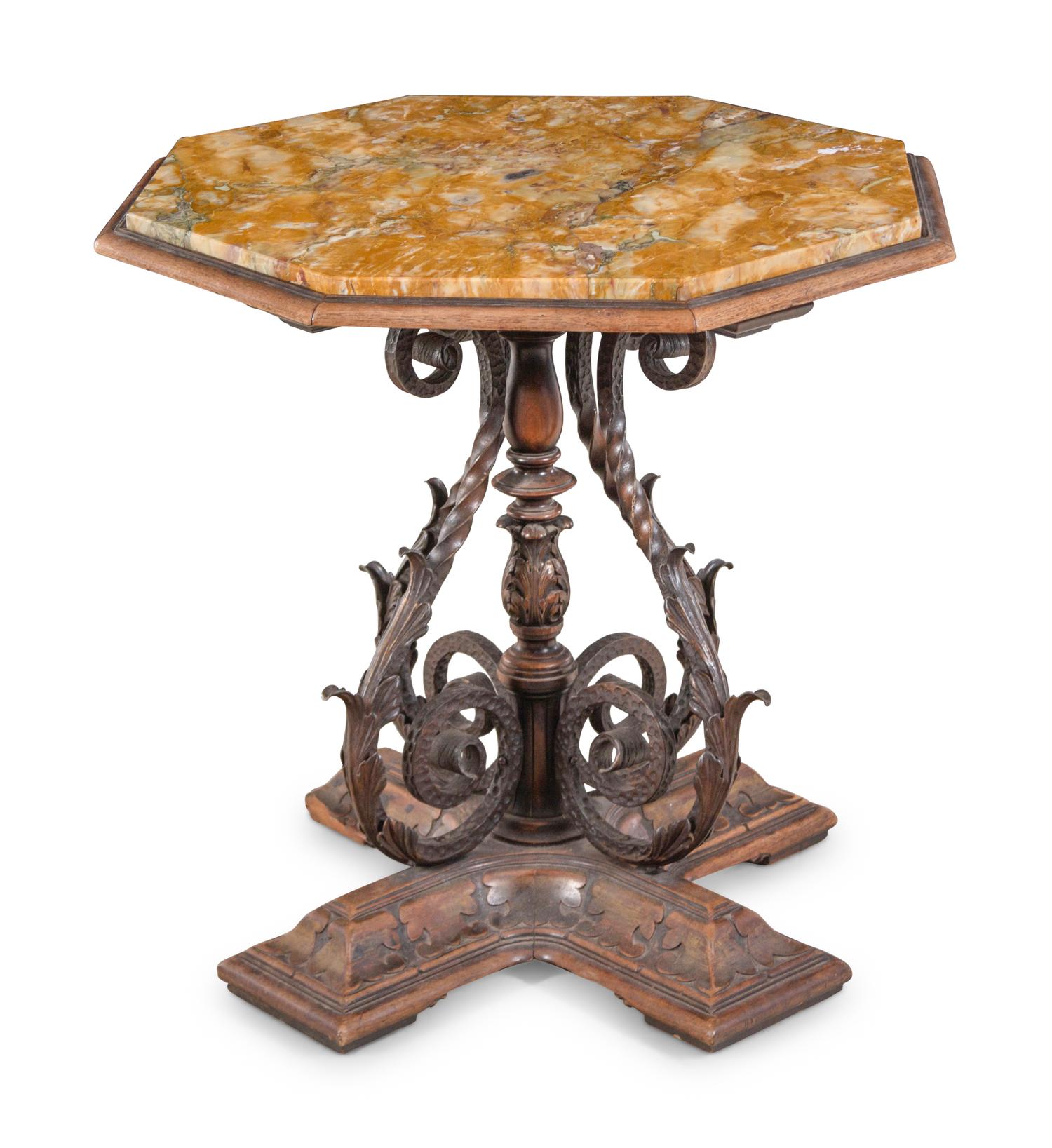A Continental Iron Mounted Walnut Marble-Top Table