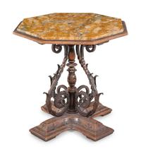 A Continental Iron Mounted Walnut Marble-Top Table