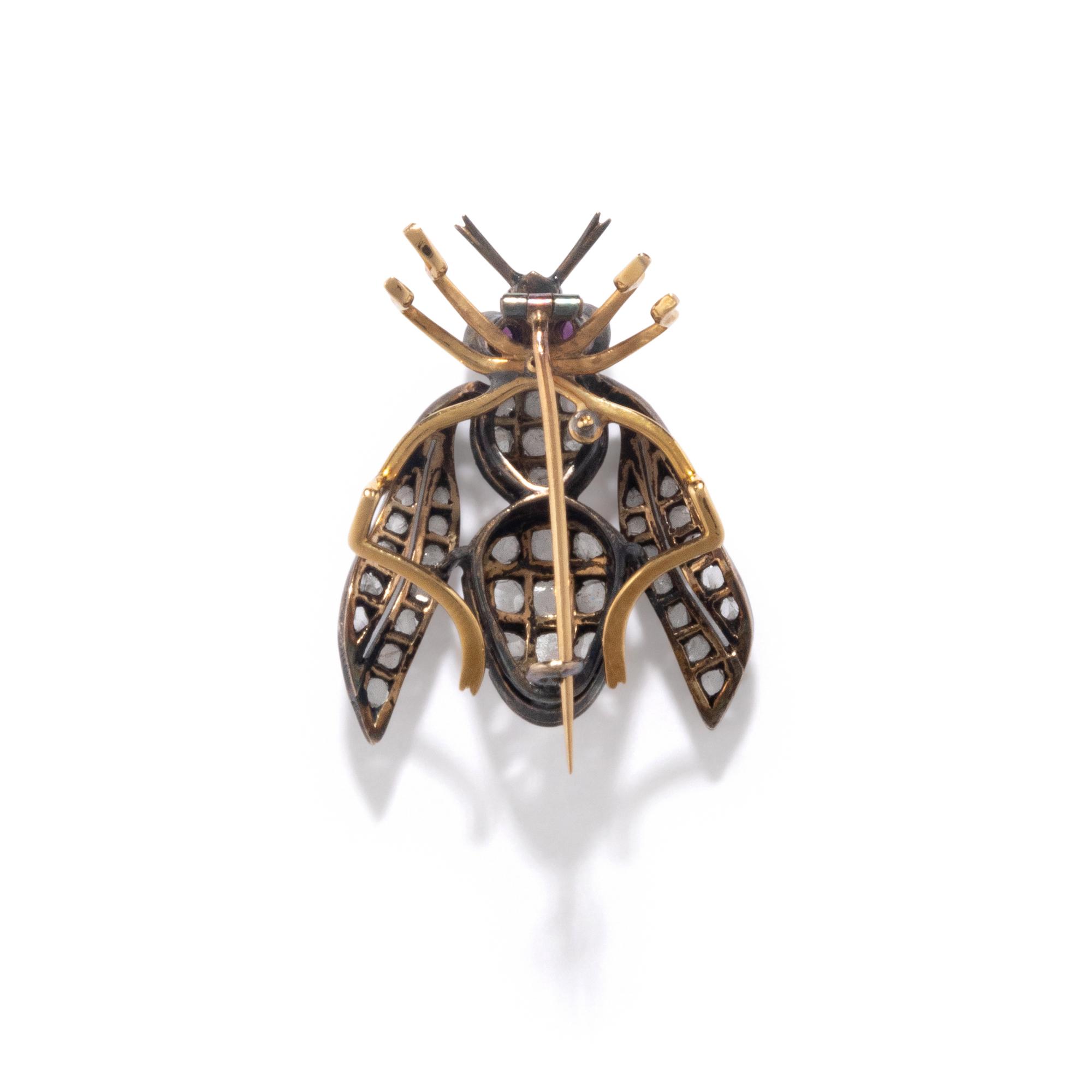 VINTAGE, DIAMOND, RUBY, GOLD, AND SILVER INSECT BROOCH