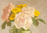 Pink Roses and Yellow Daisies in a Glass Jar on a Light Gray Background , 1997