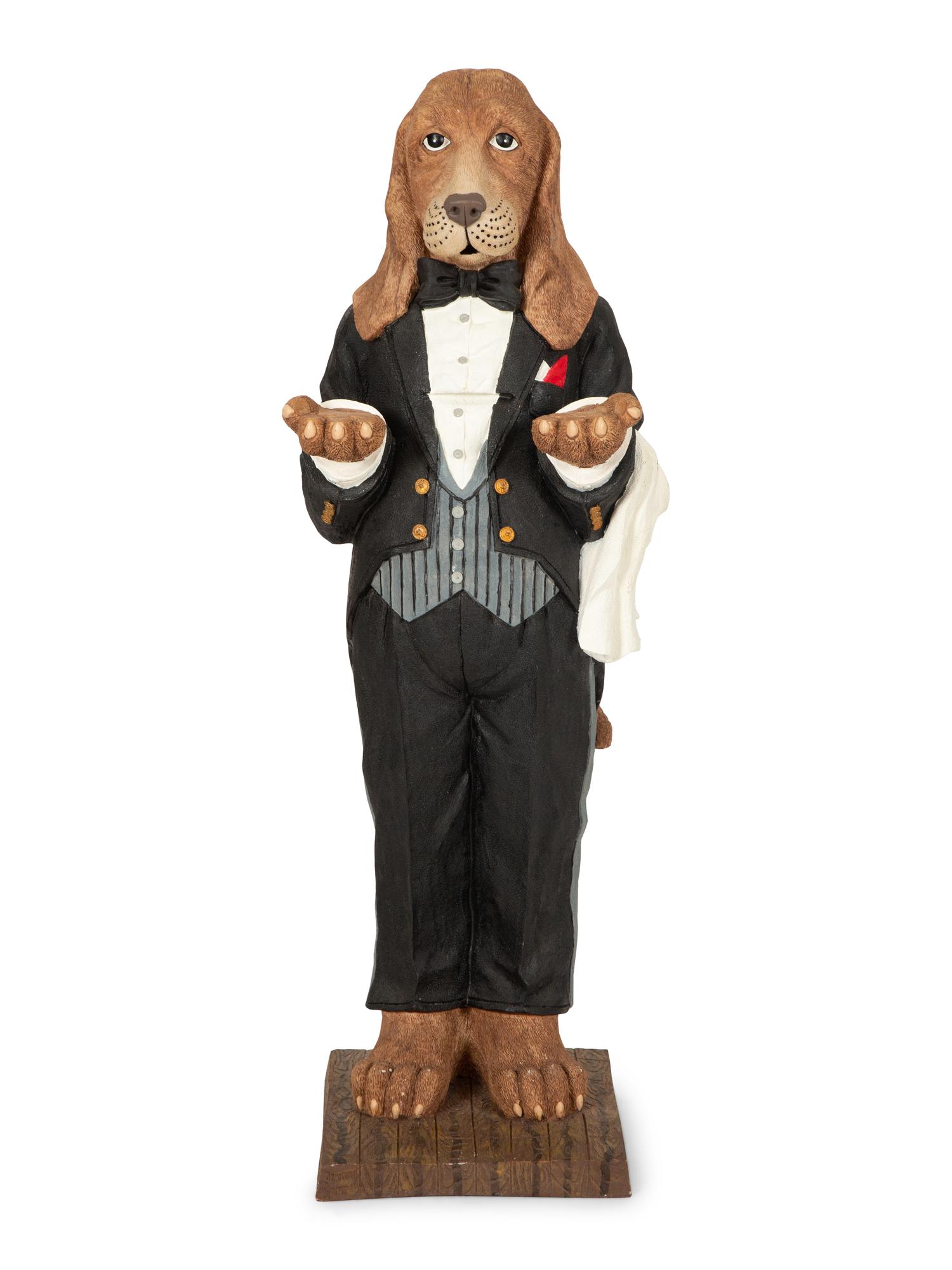 A Whimsical Painted Composition Figure of a Basset Hound Butler — 20th Century