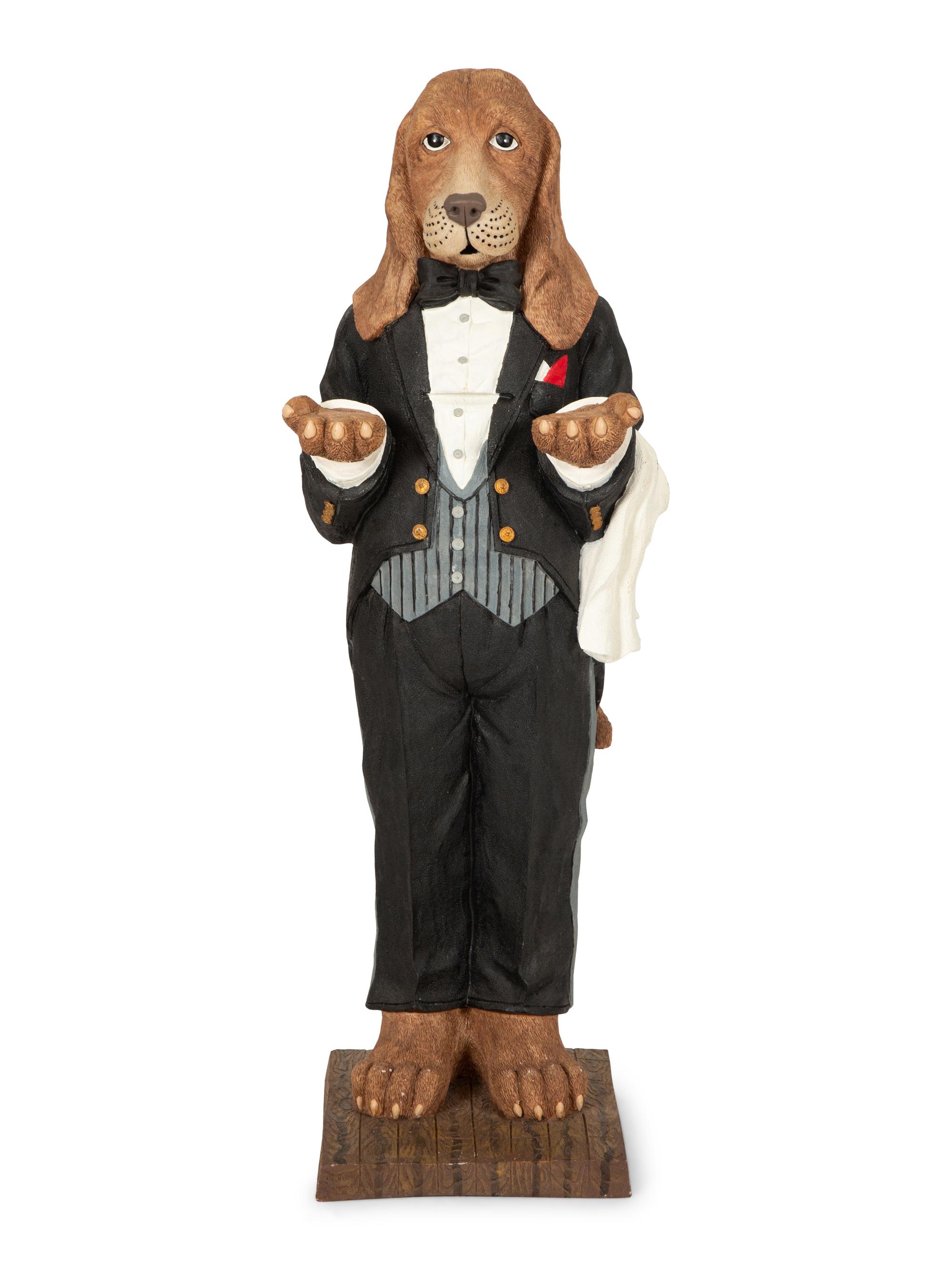 A Whimsical Painted Composition Figure of a Basset Hound Butler — 20th Century