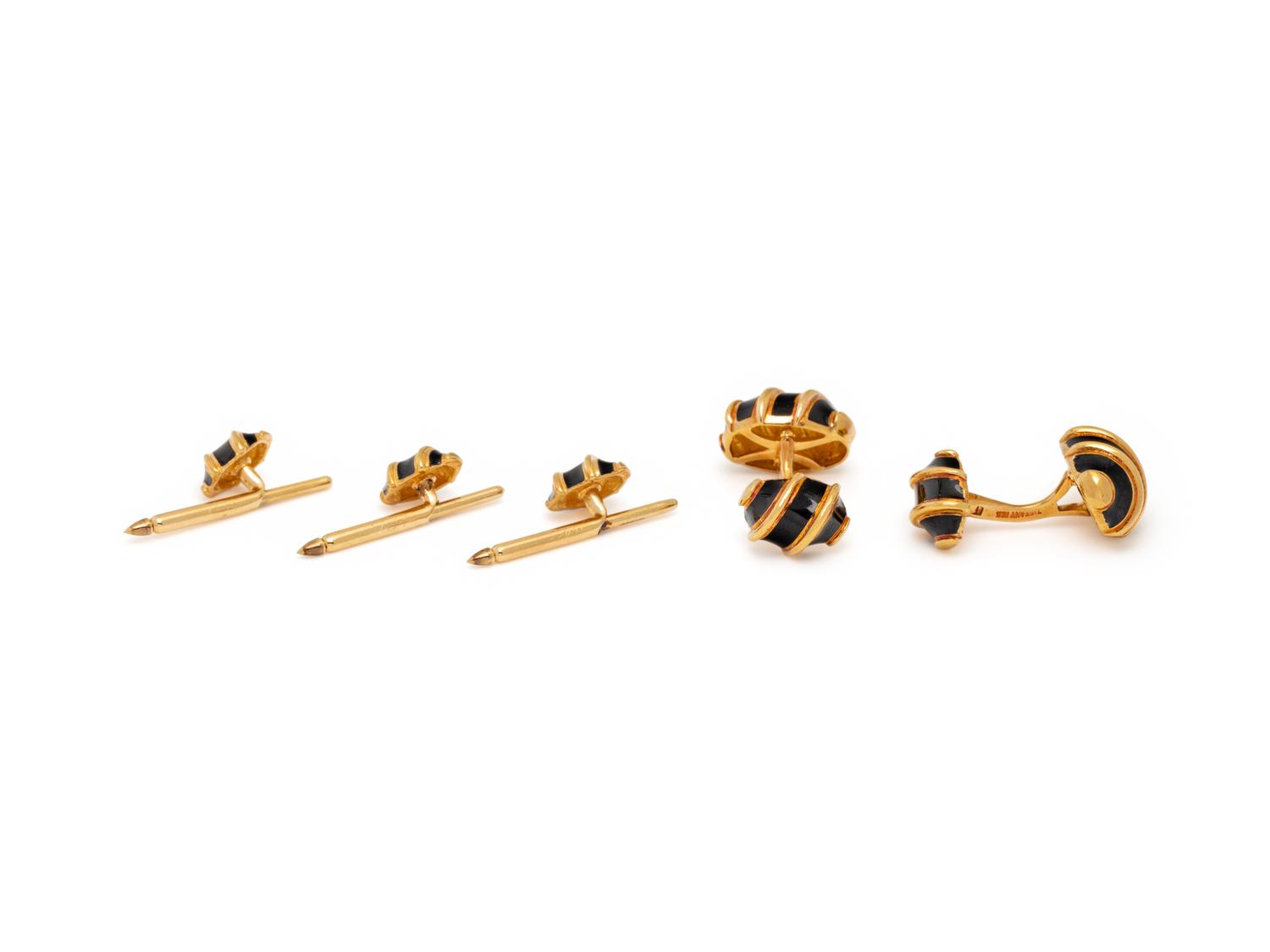 TIFFANY & CO., SCHLUMBERGER, YELLOW GOLD AND ENAMEL 'OLIVE' DRESS SET