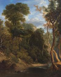 George Simson, (British, 1791-1882), Fishing a Wooded River, 1857