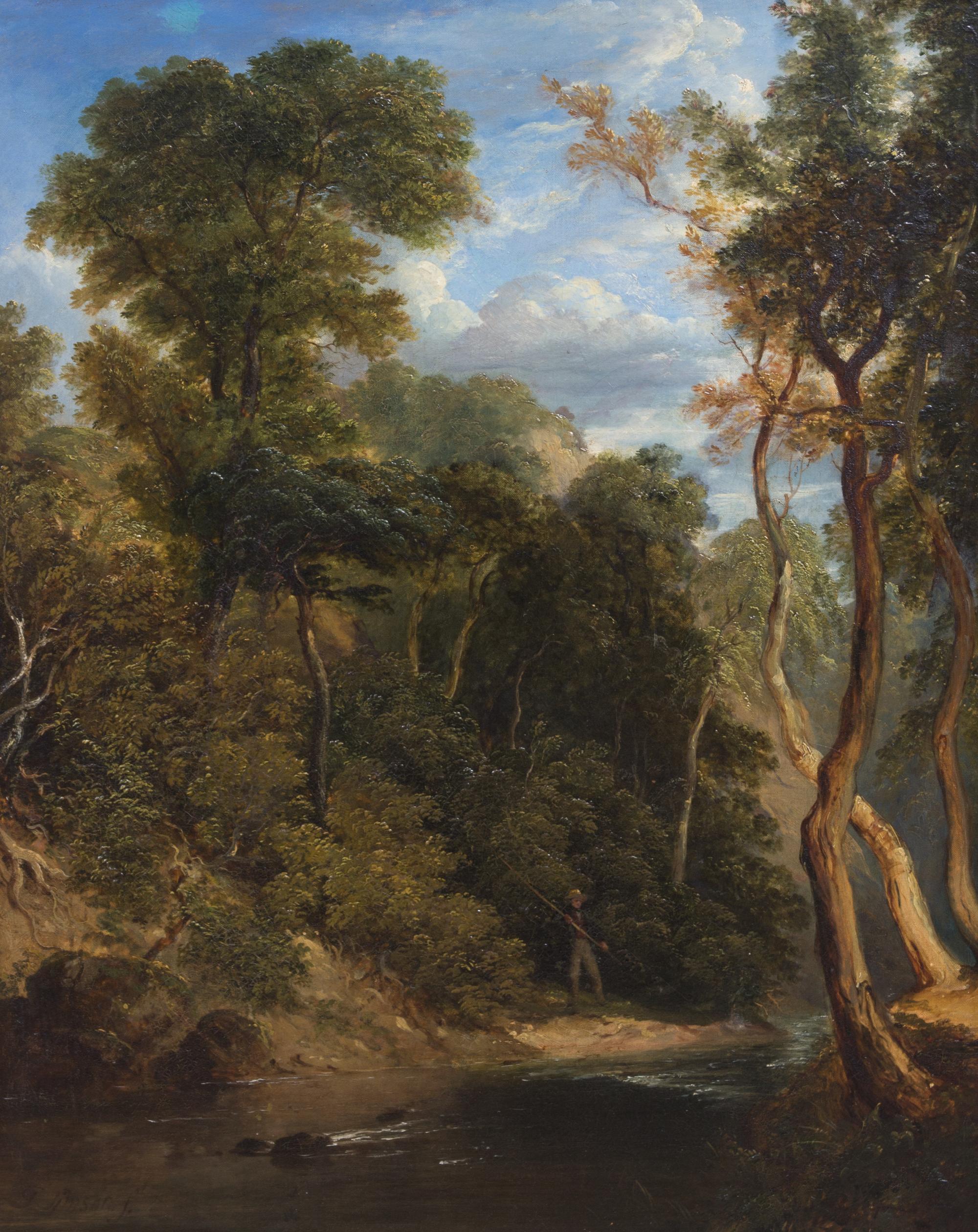 George Simson, (British, 1791-1882), Fishing a Wooded River, 1857