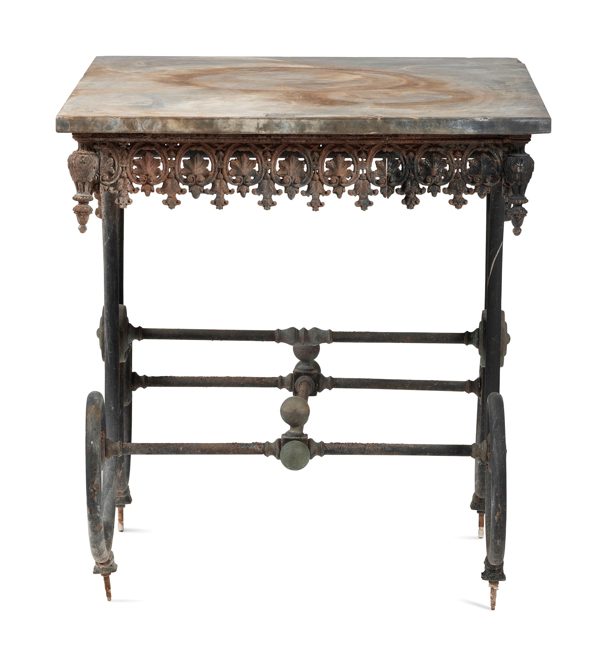 Two Wrought Iron Marble Top Console Tables