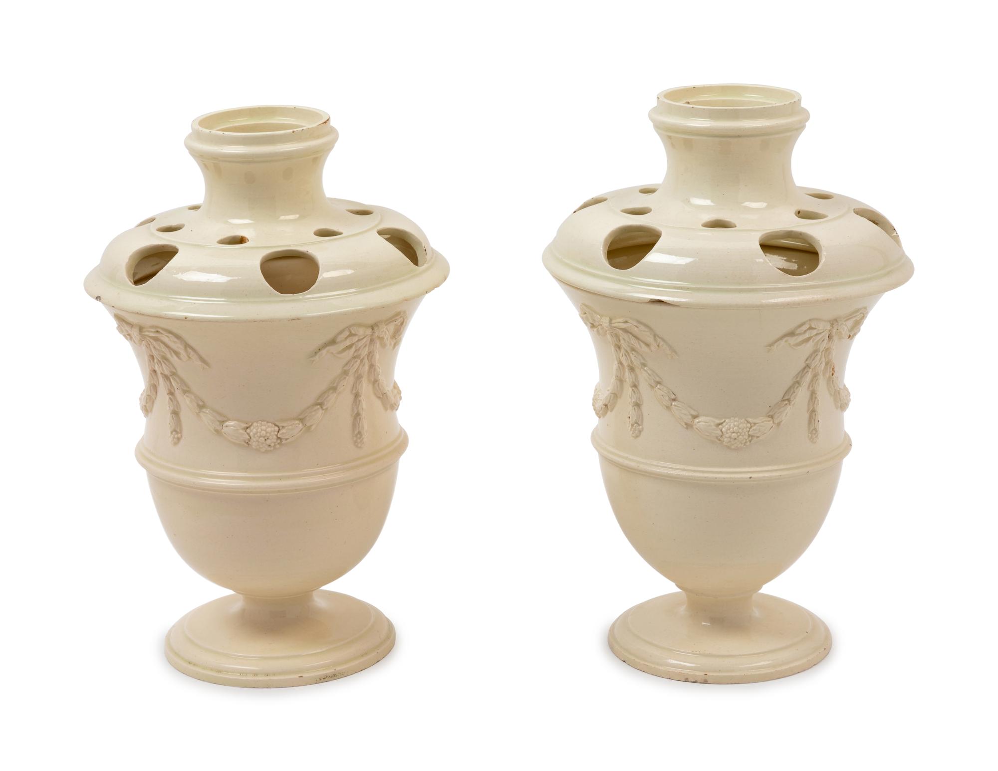 A Pair of English Creamware Potpourri Jars