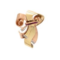 RETRO, BICOLOR GOLD, RUBY AND DIAMOND BROOCH