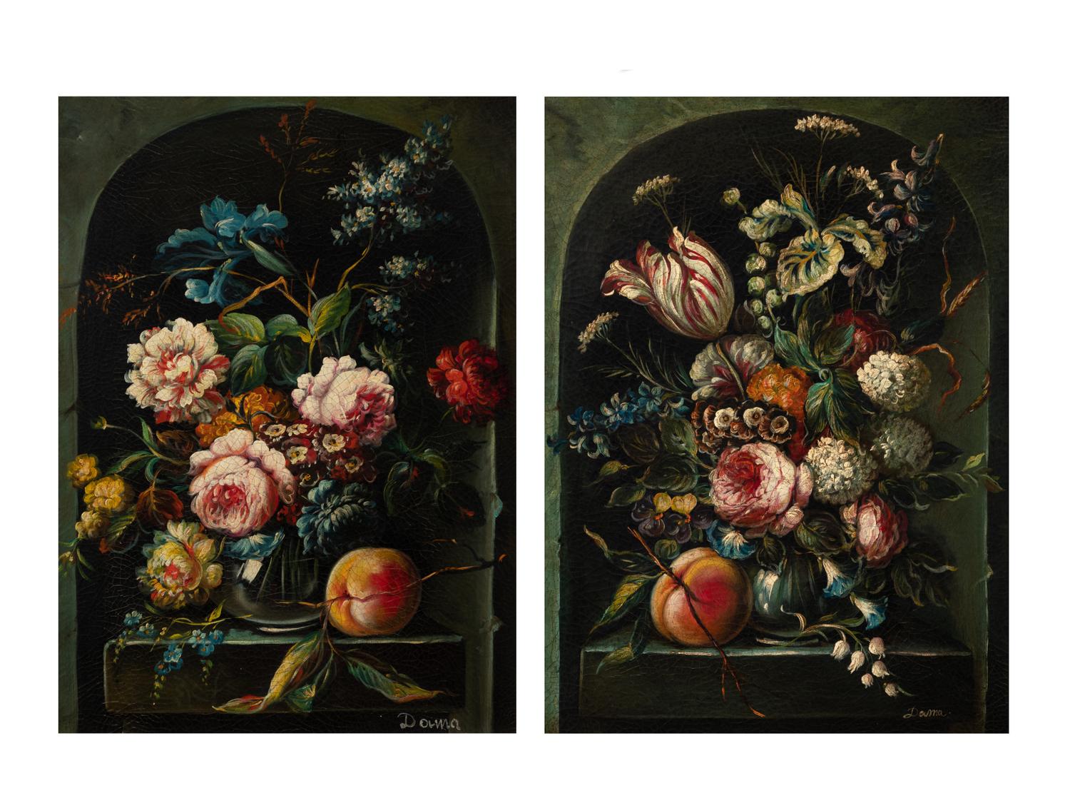 Still Lifes with Flowers and a Peach (a pair of works)