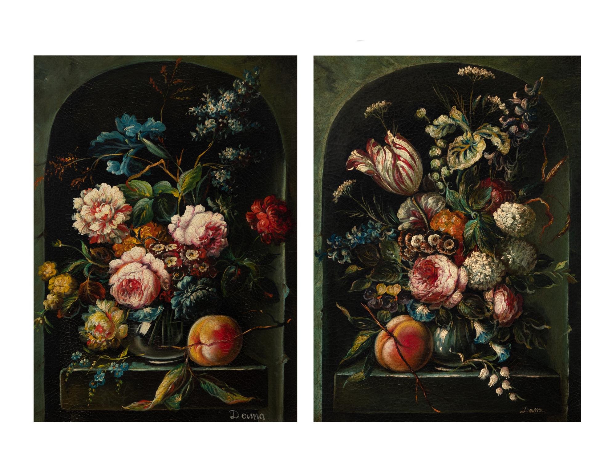 Still Lifes with Flowers and a Peach (a pair of works)