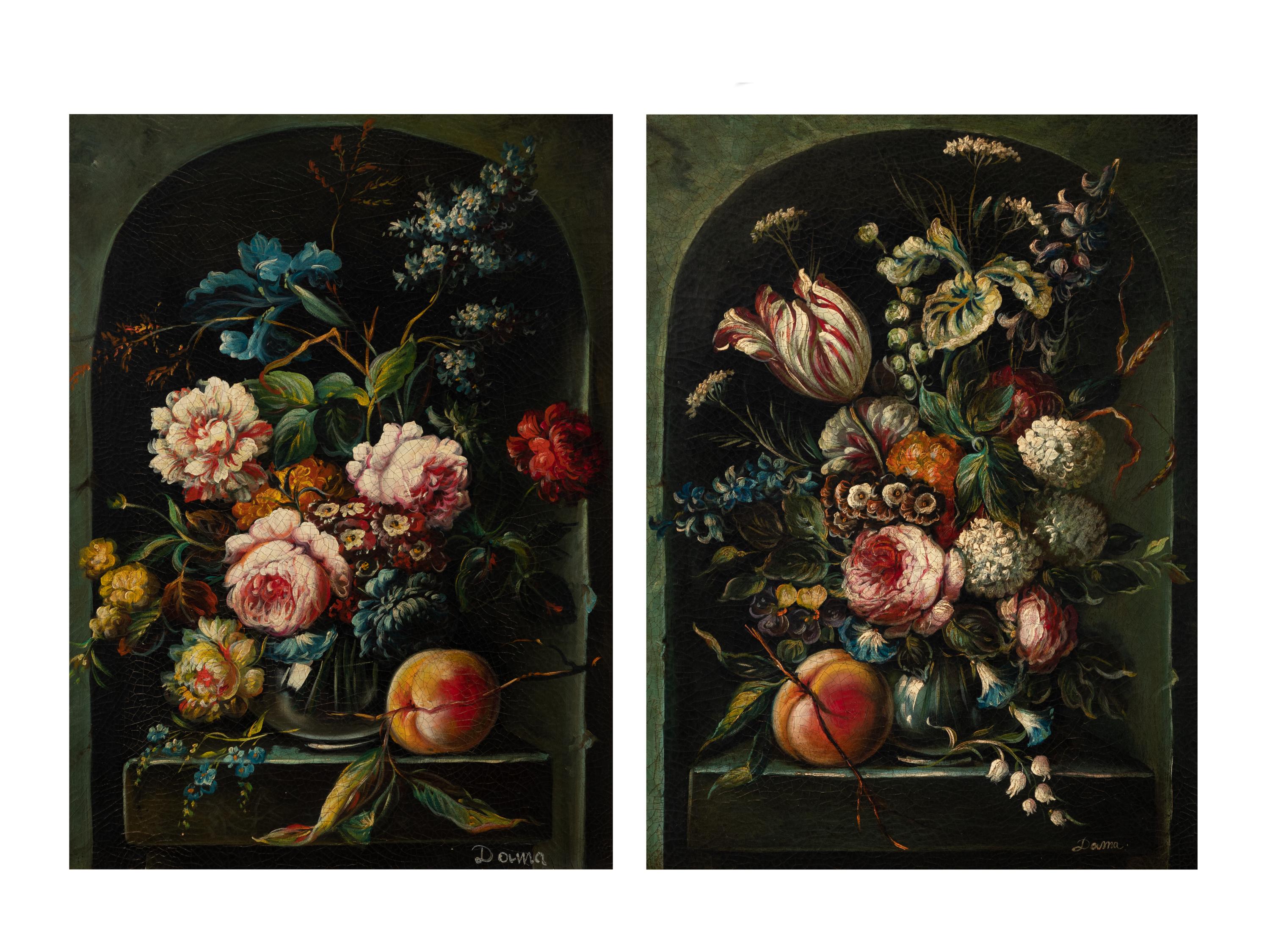 Still Lifes with Flowers and a Peach (a pair of works)