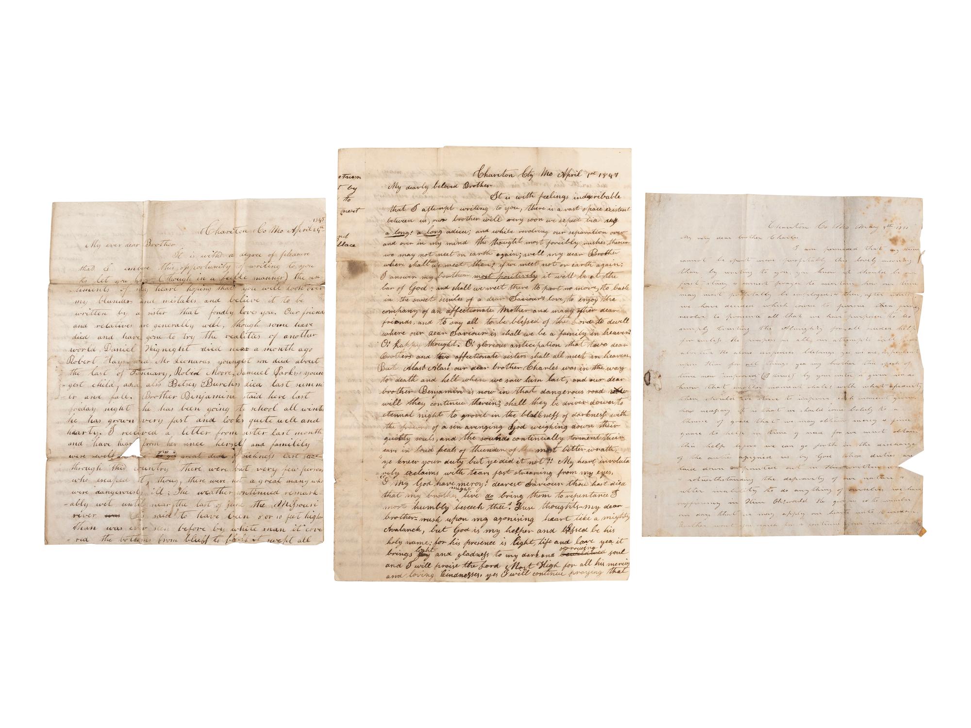 [WESTERN AMERICANA]. A group of 5 letters sent from Missouri and hand-carried along the Oregon Trail to Charles H. Burch (1828-1904), a "Pioneer of 1844" and one of Oregon's earliest settlers.