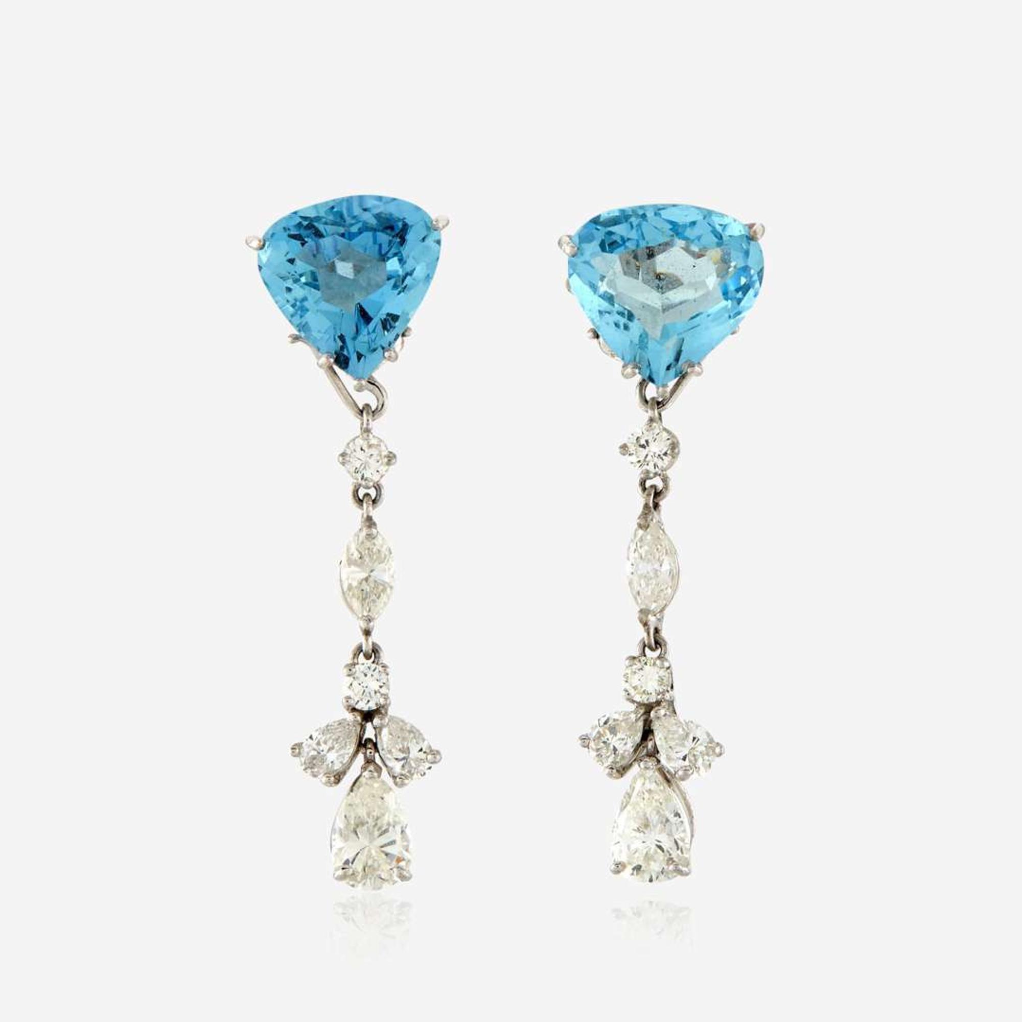 A pair of aquamarine, diamond, and white gold convertible earrings