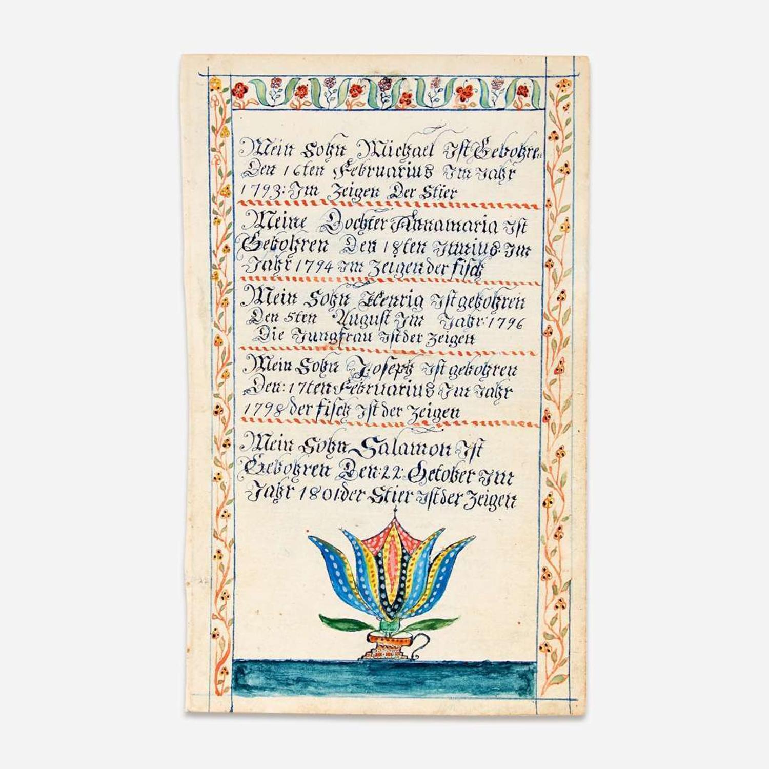 American School 19th century Fraktur: Kauffman Family Register, Lancaster and Perry Counties, PA, early 19th century